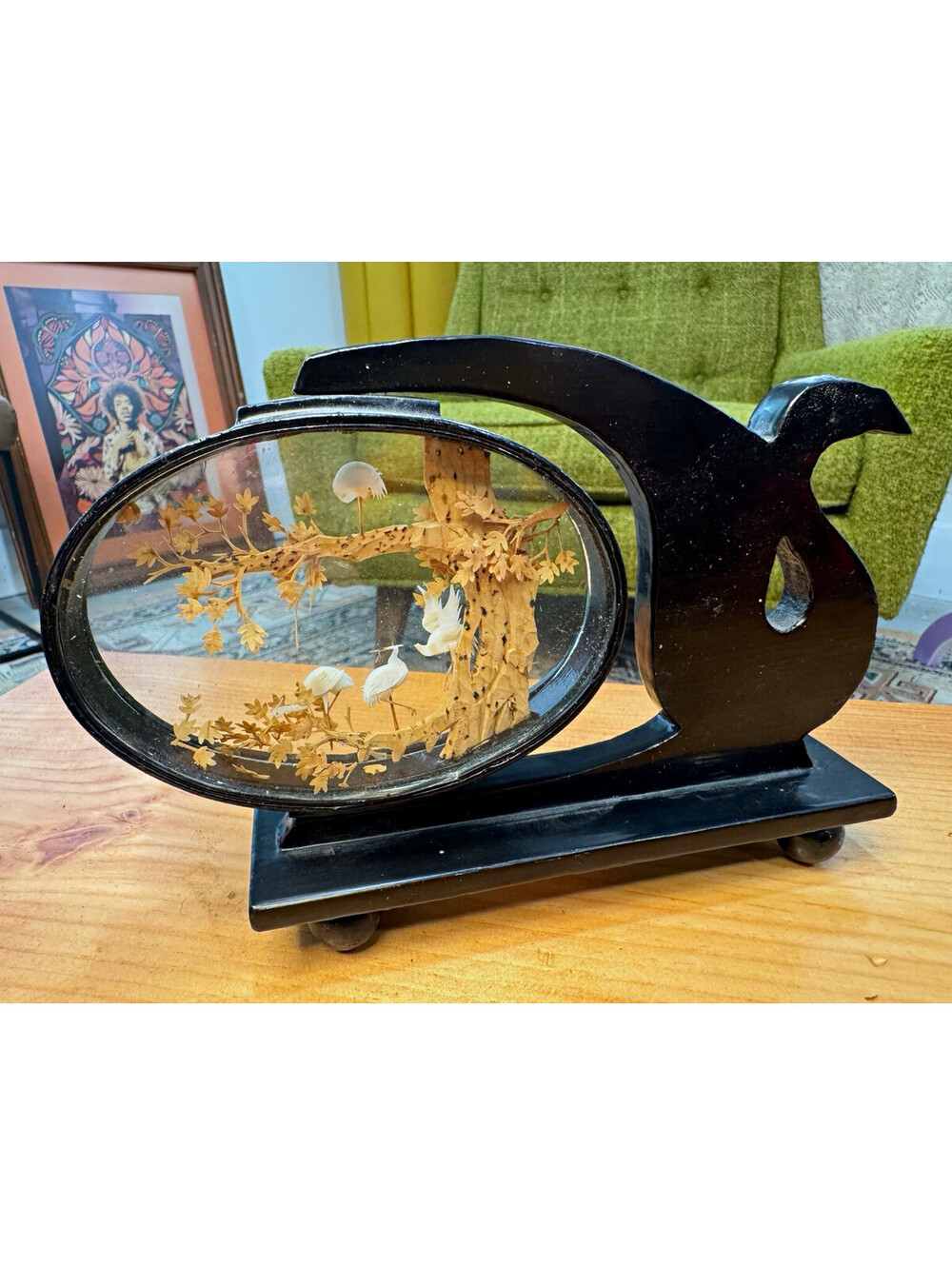 Chinese Cork Black Lacquer Bird Frame Glass Diorama, Etched Tree Scene